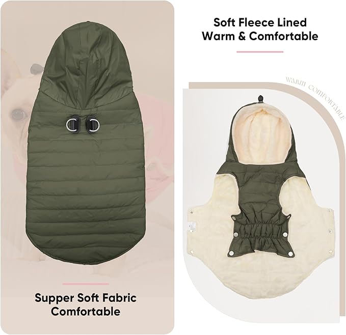 Fleece Lining Dog Hoodie with Harness Built in,Extra Warm Large Dog Jacket in Winter Doggie Coats with Drawstring Hooded,Green XXL