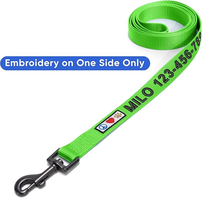 Pawtitas Personalized Dog Leash - Embroidered Custom Leash with Pet Name & Phone Number, 6 ft Long, Green, Custom Engraved Name