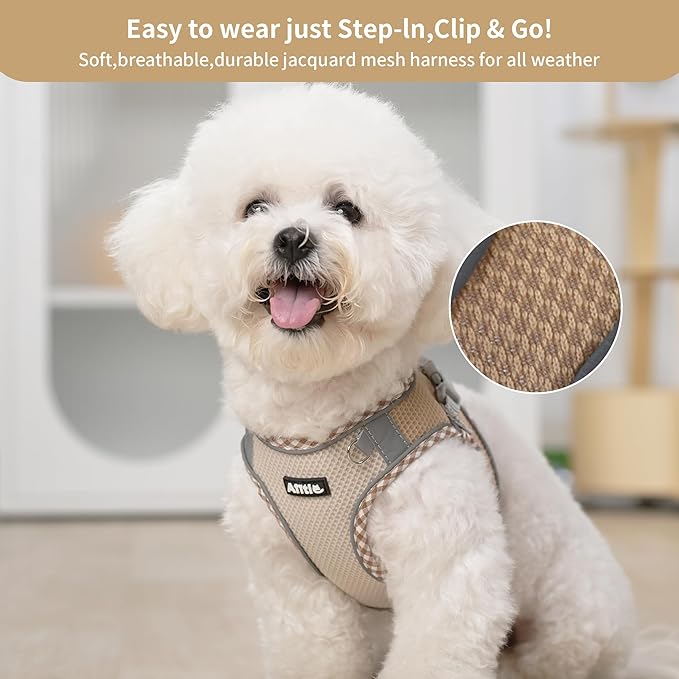 AIITLE Small Dog Harness - Breathable Double-Layer Jacquard No-Choke Vest, Durable Anti-Tear Fabric with Reflective Trim - Perfect for Running, Parties, Daily Walks (Brown-Beige, XS)