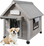 PetsCosset 20.5" L Outdoor Dog House with Waterproof Asphalt Roof for Small to Medium Dogs,Large Wooden Indoor Dog Kennel with Anti-Chewing Metal,Oxford Cloth Window,Durable Doghouse for 1-2 Dogs
