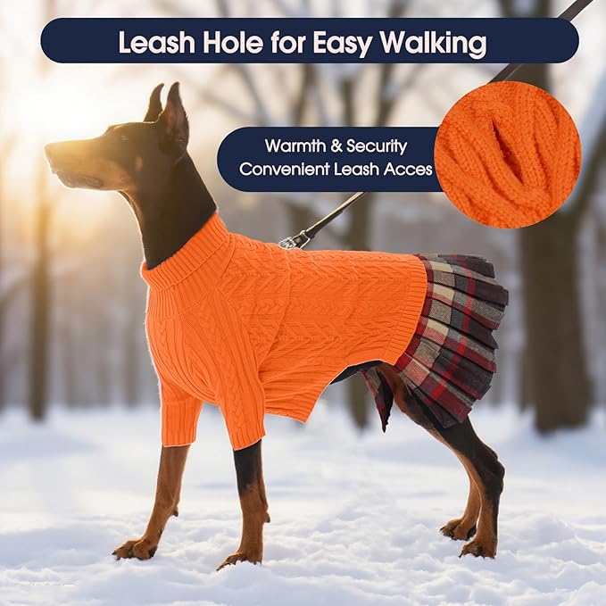 IECOii XL Dog Sweater Dress for Large Dogs Girl, Cable Knit Winter Dress for Female Dogs, Orange, XLarge, Soft Girl Dog Sweater with Tartan Plaid Skirt Cute Turtleneck Knitwear for Cold Weather