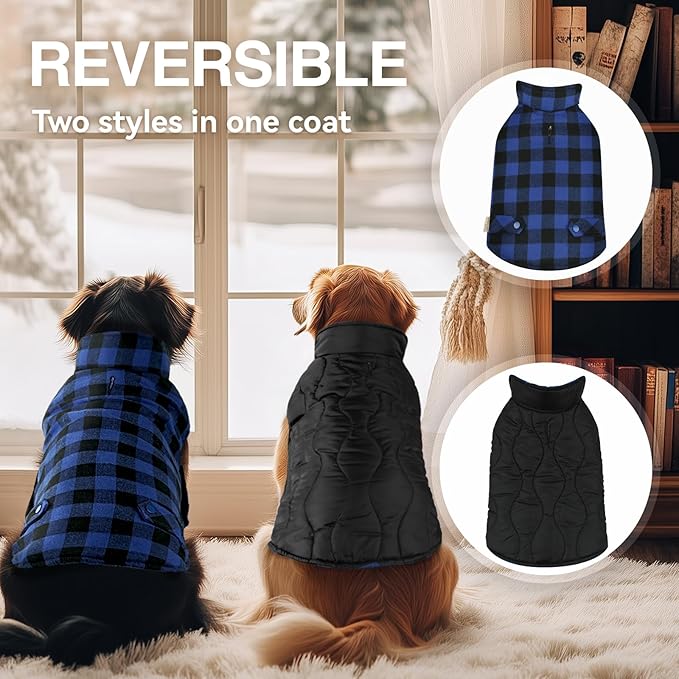 VIVAGLORY Softjoy Dog Coat, Dog Jacket for Winter & Christmas, Coat with Harness Hole & Velcro Closure, Reversible Plaid Checkered Warm Fluffy Heavy Duty for Puppy, XXS, Sapphire Blue Plaid