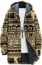 Mens Aztec Print Hoodie Heavyweight Cotton Fleece Jacket Zip Up Warm Long Sleeve Hooded Winter Midi Coat