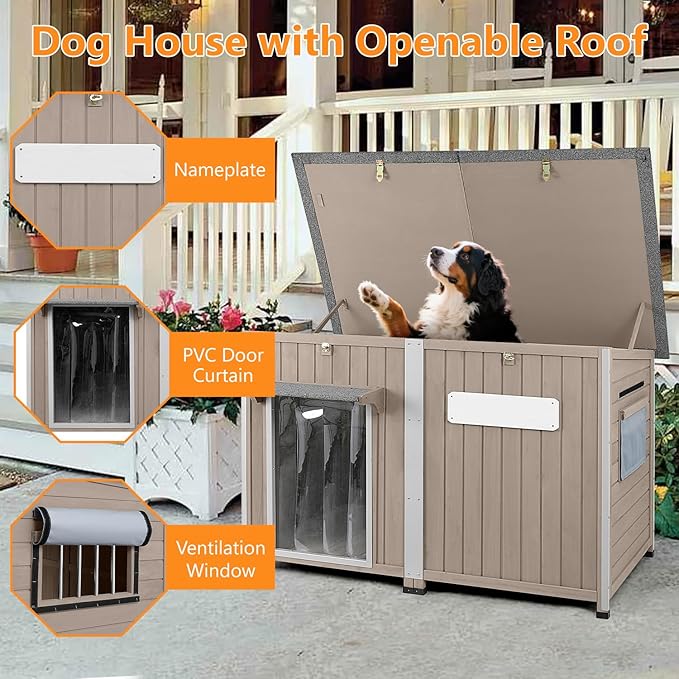 55" L Extra Large Dog House Outdoor with Window, XL Dog House Pet Shelter for Large Breed with Anti-Chewing Frame, Openable Roof, Removable Floor, 10 Support Feet for Medium to Large Dogs