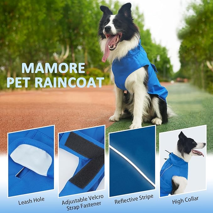 Waterproof Dog Raincoat, Adjustable Lightweight Dog Rain Jacket with Reflective Strip Leash Hole for Small Medium Large Dogs (Blue, 3X-Large(77-94lb))