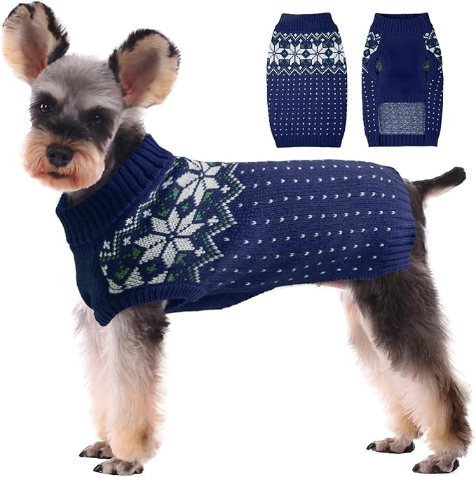 Kuoser Dog Sweater, Holiday Christmas Snowflake Pet Warm Knitwear Dog Sweaters Soft Puppy Clothing, Doggie Turtleneck Cold Weather Outfit Pullover for Small Medium Large Dogs Cats, Blue S