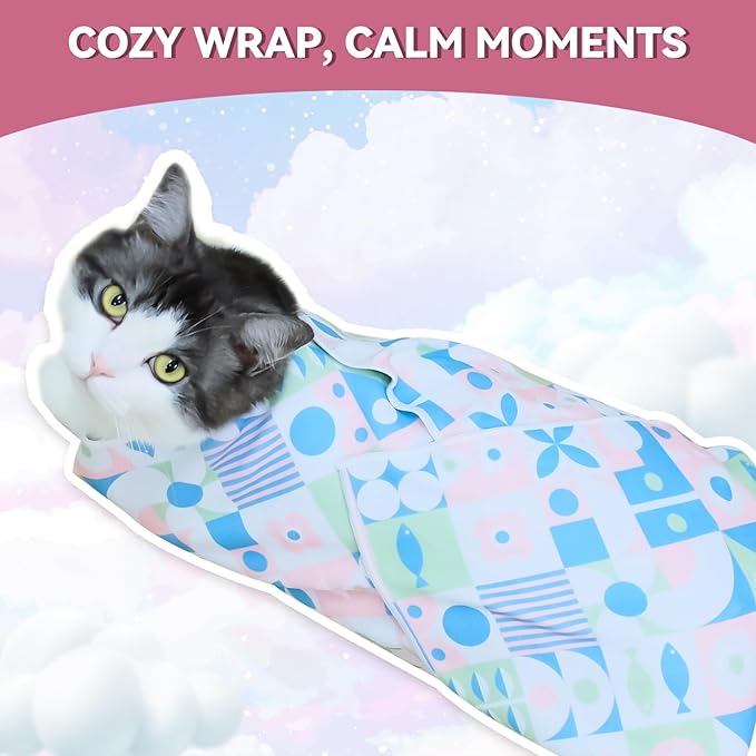 Cat Grooming Wrap for Cutting Nails, 21.6" Anti-Escape Calming Cat Swaddle Wrap for Medicine, Nail Clipping, Teeth Brushing, Ear Cleaning, Self-Adherent Burrito Restraint, (Geometric Fish, M)