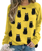 Abstract Cute Cat Shirts for Women Long Sleeve Lady Crewneck Pullover Sweatshirt Fall Winter Oversized Tops