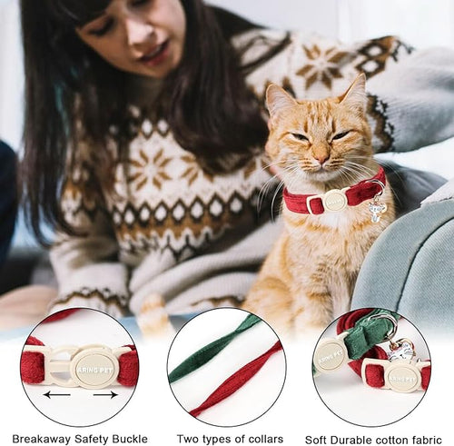 ARING PET 2 Pack Christmas Cat Collars-Cute Breakaway Cat Collar with Bell & Pendant, Adjustable Christmas Kitten Collars with Safety Buckle for Girl and Boy Cats