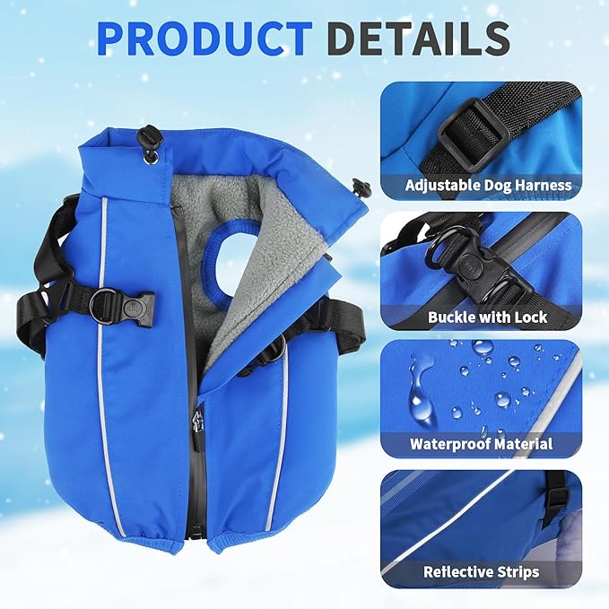 Dog Winter Coat Reflective Water-Resistant Jacket, Fleece Lined Windproof Puppy Coat with Back Zipper & D-Ring, Cold Weather Dog Coats for Small Medium Large Dogs (S, Blue)