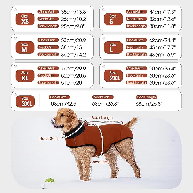 IDOMIK Dog Winter Coat, Warm Waterproof Dog Puffer Jacket with Harness Hole, Adjustable Reflective Snow Jacket Vest with Turtleneck, Pet Cold Weather Coats for Large Dogs,Caramel,L