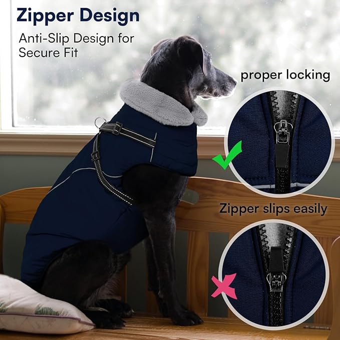 Queenmore Large Dog Jackets,Dog Coats for Extra Large Dogs with Harness Built in,Reflective Waterproof Dogs Jackets with Fleece Lining,Warm Snowsuit Pet Coats for German Shepherd,NavyBlue,XXXL