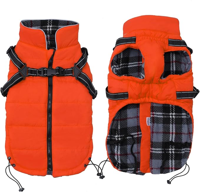 Geyecete Winter Warm Coat Waterproof Dog Winter Jacket with Harness Traction Belt,Pet Outdoor Jacket Dog Autumn and Winter Clothes for Medium, Small Dog-Orange-XL