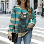 Women's Cat Printed Sweater Oversized Cable Knit Long Sleeve Christmas Clothes Casual Autumn Winter Fashion Tops