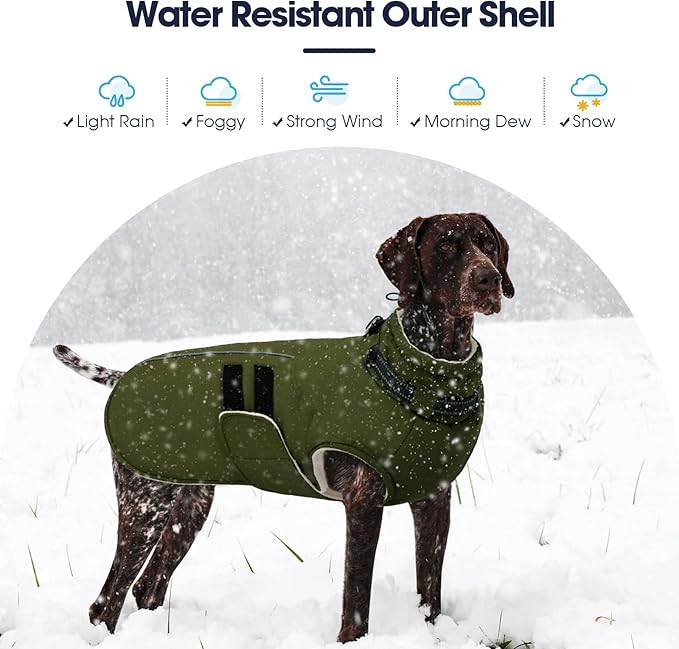IECOii Dog Coats for Large Dogs Winter Waterproof Jacket with Collar Built in, XXL Dog Coat for Cold Weather Warm Snow Jacket with Thermal Fleece Lining, Reflective Pet Snowsuit Large,Army Green - 2XL