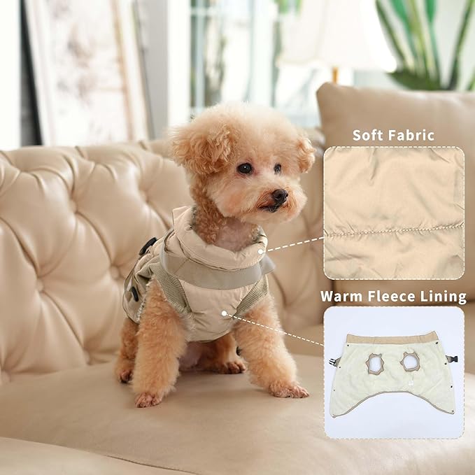 Dog Jacket with Harness,Fleece Lined Warm Puppy Coat for Winter,Soft Windproof Medium Dog Vest,Khaki XL