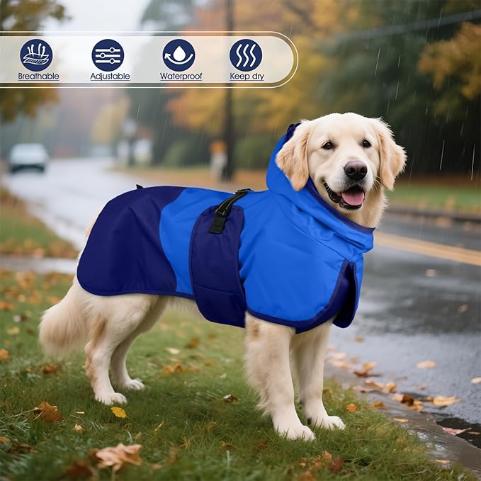 BRKURLEG Dog Raincoat Adjustable Dog Rain Jacket with Hood Dogs Waterproof Rainproof Jacket with Leash Hole Pet Poncho Rain Coat Poncho with Reflective Strip, Blue, L