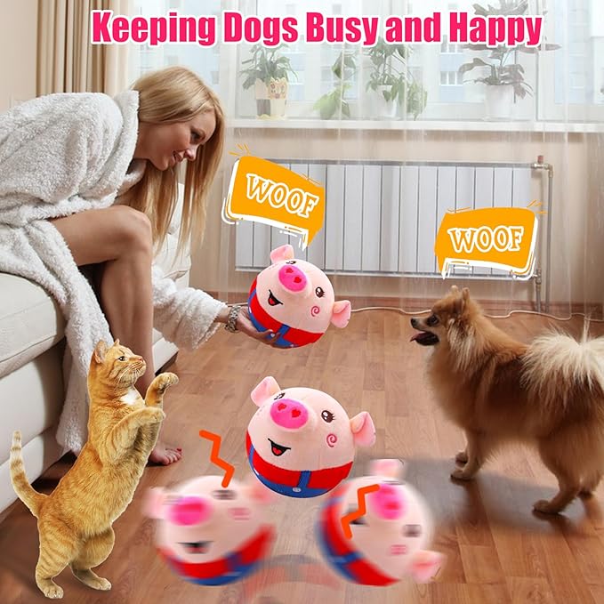 Interactive Plush Dogs Toys, Interactive Puppy Toy Bouncing Rolling Dogs Ball Remote Control Dog Toy with Music, Self Moving Pet Toys for Small/Medium/Large Bored Dog to Keep Them Busy(Pig)