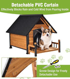 GUTINNEEN Insulated Dog House Outdoor, Waterproof Dog Kennel with Anti-Bite Design, Asphalt Roof, Elevated Base, PVC Curtain, for Small to Medium Dogs - Brown