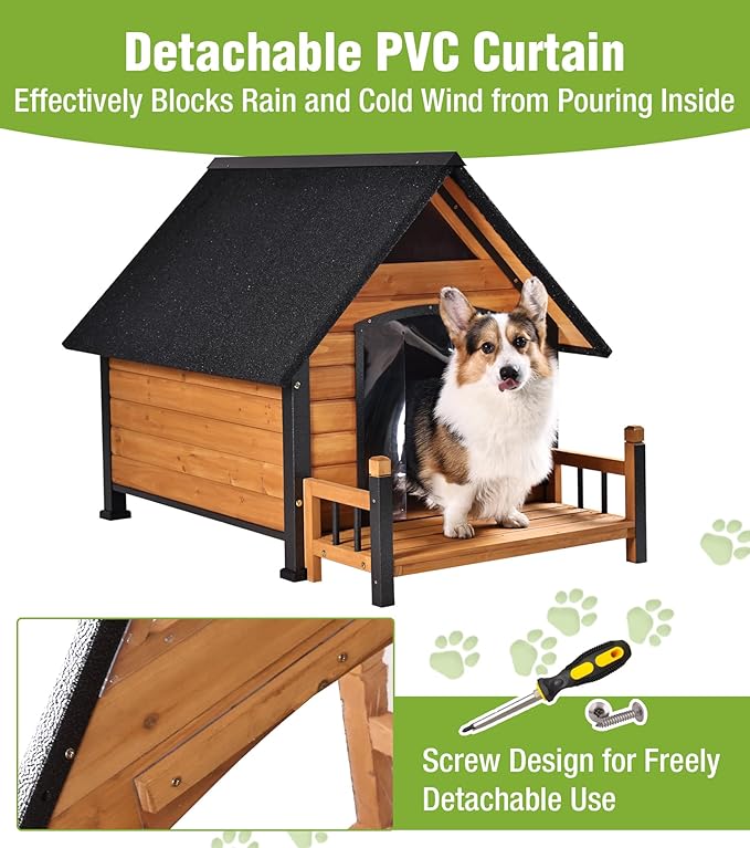 GUTINNEEN Insulated Dog House Outdoor, Waterproof Dog Kennel with Anti-Bite Design, Asphalt Roof, Elevated Base, PVC Curtain, for Small to Medium Dogs - Brown