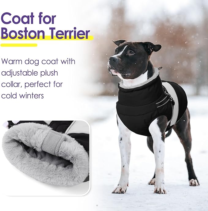SUNFURA Dog Jacket, Large Dog Coat with Harness Built in, Warm Pet Winter Jacket Zippered Snow Coat with Furry Collar, Waterproof Fleece Snowsuit for French Bulldog, Black L
