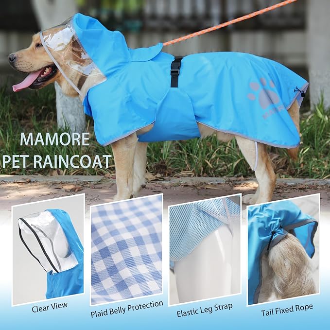 Waterproof Dog Raincoat, Reflective Adjustable Hooded Dog Rain Coat, Lightweight Breathable Pet Rain Jacket Poncho Double Layer with Leash Hole for Small Medium Large Dogs (Blue, X-Large)