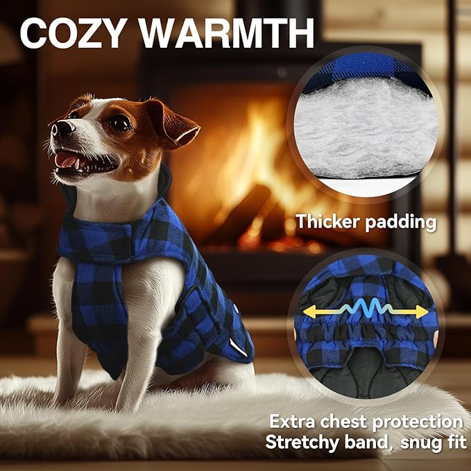 VIVAGLORY Softjoy Dog Coat, Dog Jacket for Winter & Christmas, Coat with Harness Hole & Velcro Closure, Reversible Plaid Checkered Warm Fluffy Heavy Duty for Puppy, XXS, Sapphire Blue Plaid