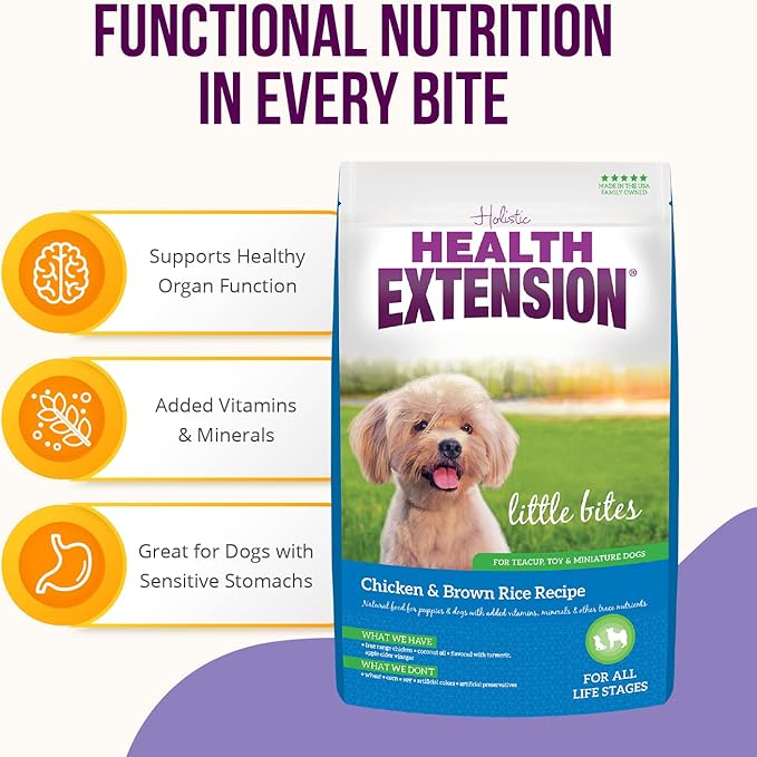Health Extension Little Bites Dry Dog Food for Toy and Small Breeds, Chicken & Brown Rice Recipe, with Probiotics & Superfoods for Digestion & Coat Health, 30 lb Bag (Pack of 1)