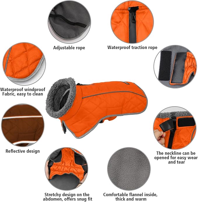 Fragralley Dog Coat Large, Waterproof Dog Jacket with Warm Fleece Lining, Adjustable Reflective Dogs Winter Coat, Turtleneck Pet Coats for Cold Weather (Orange XXL)