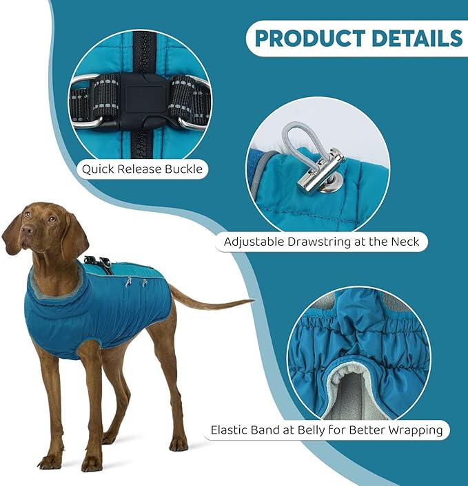 IDOMIK Warm Dog Coat with Harness, Waterproof Reflective Dog Jackets for Small Medium Large Dogs, Fleece High Collar Winter Jacket with Zipper, Pet Winter Snowsuit Clothes for Cold Weather,Blue 3XL