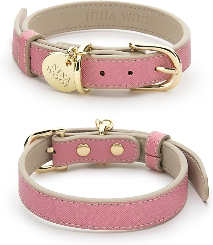 NINA WOOF Rio Vegan Leather Dog Collar - Padded Luxury Dog Collar with Adjustable Buckle - Collar for Dogs Small Dogs to Large Dogs (Medium, Pink)