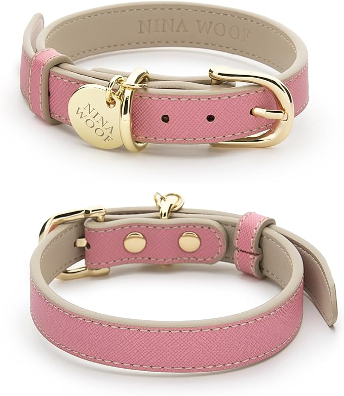 NINA WOOF Rio Vegan Leather Dog Collar - Padded Luxury Dog Collar with Adjustable Buckle - Collar for Dogs, Small Dogs and Large Dogs (Extra-Small, Pink)