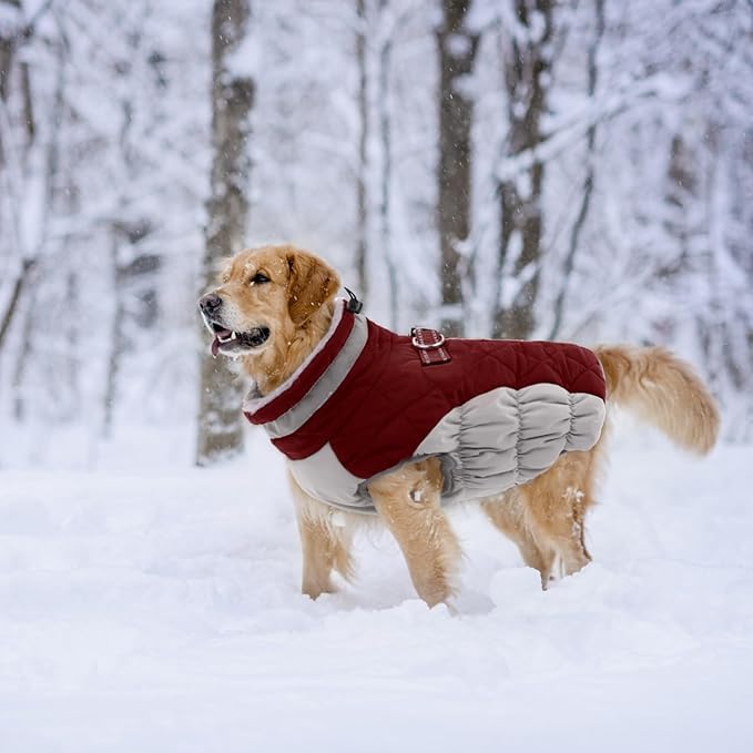 Lelepet Dog Coat Warm Dog Winter Coat Waterproof Dogs Jacket with Harness Built in Reflective Pet Fleece Vest Zip-Up Cold Weather Coats for Large Dogs Turtleneck & Windproof Coats Pitbull Wine Red 2XL