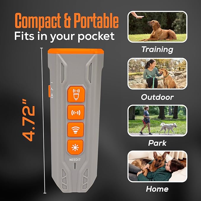 NEEDIT Dog Bark Deterrent Device to Stop Own or Neighbor’s Dog Barking, Biting & Fighting with Long Range – Rechargeable Ultrasonic Portable Anti Barking Device with 3X Sonic Emitters & Light (Gray)
