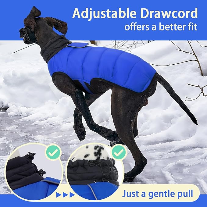 MIGOHI Lightweight Dog Coat, Windproof Dog Jacket, Puffer Jacket for Large Dogs, Padded Vest with Reflective Strips, Warm Snow Vest in Cold Weather, Easy On Hook & Loop Belly, Blue, 2XL