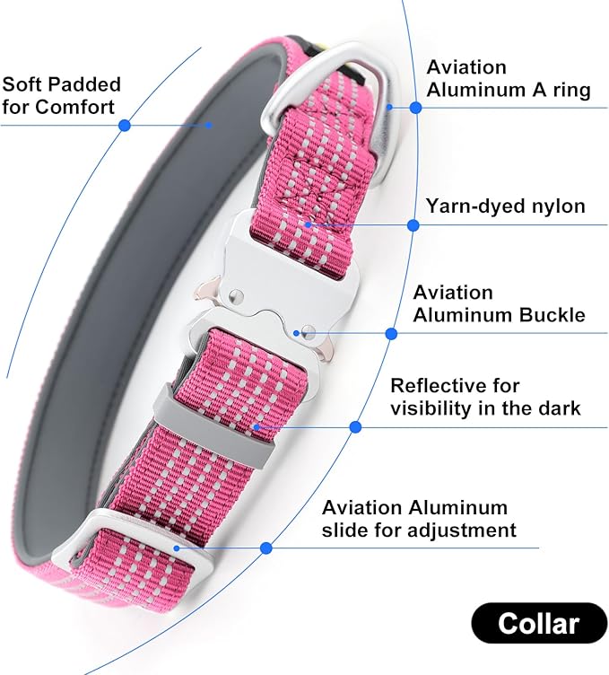 Plutus Pet Reflective Dog Collar with Aviation Aluminum Buckle, Neoprene Padded for Comfort, Lightweight, Heavy Duty Nylon Collar for Puppy Small Medium Large Dogs (Pink, L)