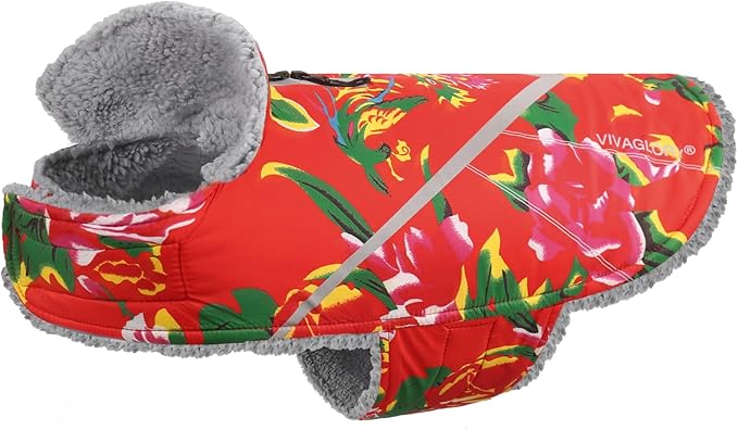 VIVAGLORY Snowrap Dog Coat, Jacket with Harness Hole & Velcro Closure, Dog Coat for Winter & Cold Weather, Fluffy Warm Fleece Lined Reflective Water Resistant for Puppy, XXS, Northeast Florals-Red
