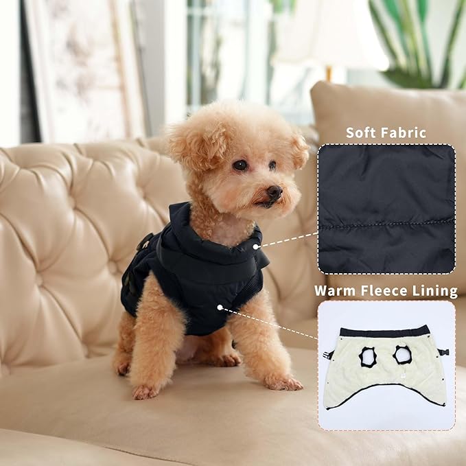 Dog Jacket with Harness,Fleece Lined Warm Puppy Coat for Winter,Soft Windproof Medium Dog Vest,Black XL