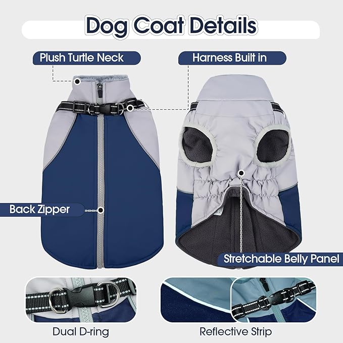 DENTRUN Dog Coat with Harness Built in, Easy On/Off Zipper Closure Winter Dog Vest, Water-Repellent Fleece Lined Warm Jacket with Reflective for Large Dogs, Dark Blue, XXL