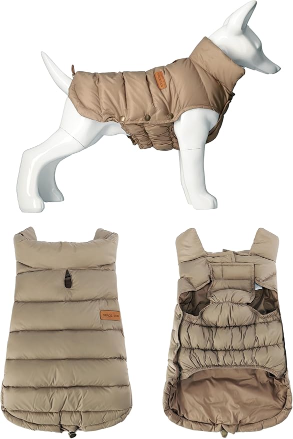 SPACE LION Dog Puffer Jacket, Down Winter Coat, Durable Outdoor Coat for Cold and Windy Conditions, Waterproof, Lightweight Jacket, Adjustable Fit for Small, Medium, Large Dogs(Khaki,14/L)
