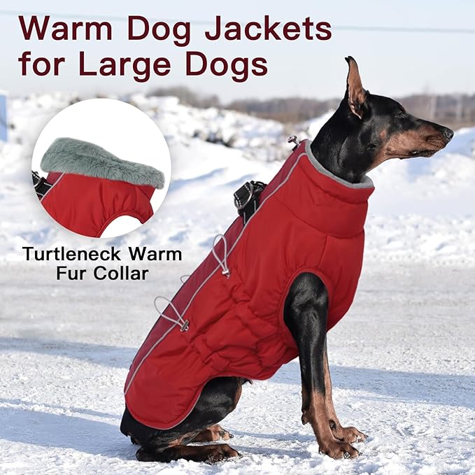Dog Coat Winter Warm Dog Jackets for Large Dogs Reflective Snowsuit with Harness Fleece Dogs Snow Jacket Waterproof Pet Clothes for Cold Weather