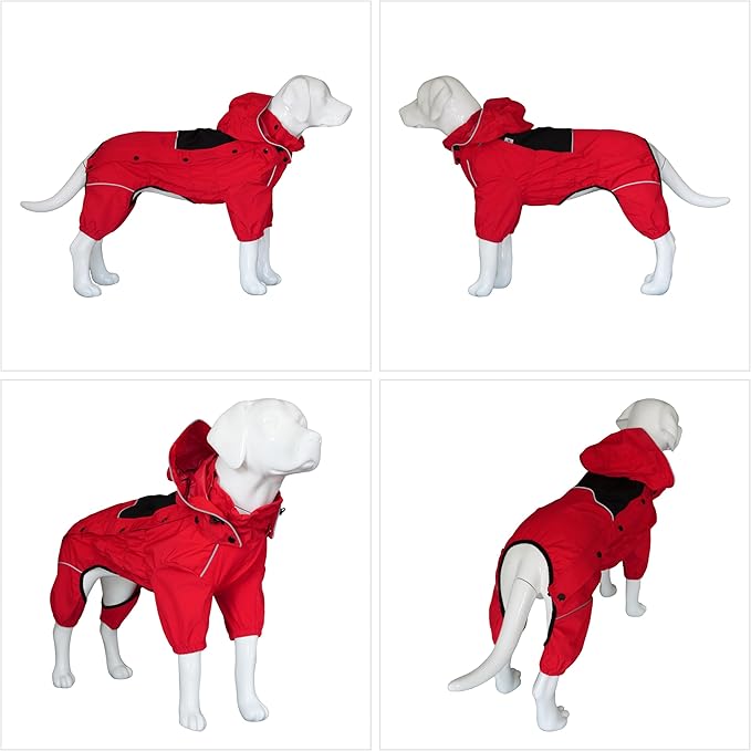 LOVELONGLONG Fleece-Lined Dog Raincoat with Removable Hood – Waterproof Winter Full Body Dog Jacket – Windproof Snowproof Cold-Weather Suit – Red-F 4XL