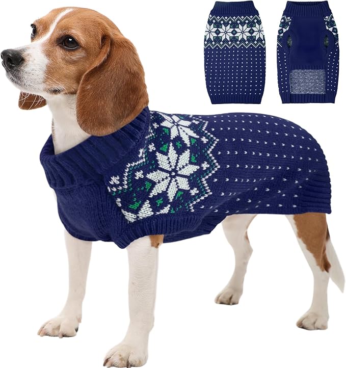 Kuoser Dog Sweater, Holiday Christmas Snowflake Pet Warm Knitwear Dog Sweaters Soft Puppy Clothing, Doggie Turtleneck Cold Weather Outfit Pullover for Small Medium Large Dogs Cats, Blue M