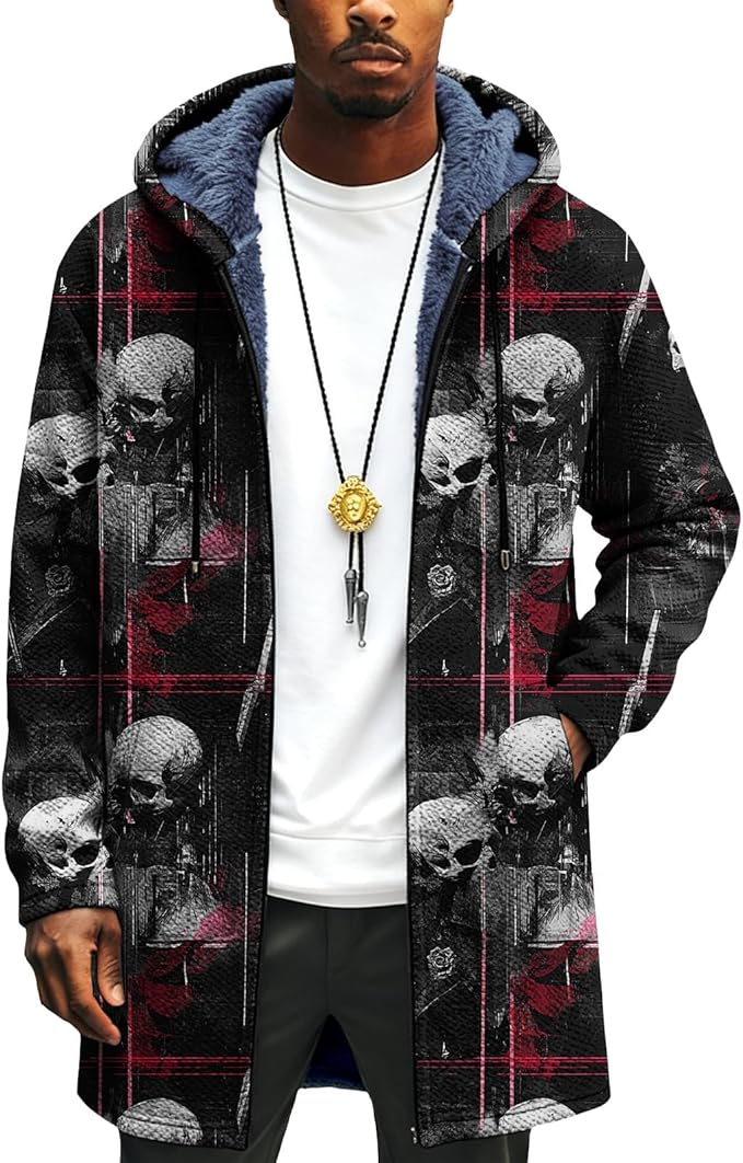 LIZALIG Long Hooded Cardigan Men Japanese Art Style Fashion Cool Graphic Coats Winter Warm Lined Fleece Jacket