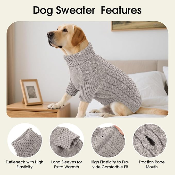 SAWMONG Dog Sweater, Dog Sweaters for Large Dogs Girls Boys, Pullover Turtleneck Knitted Doggy Sweatshirt, Cold Weather Pet Clothes（Grey, 2X-Large