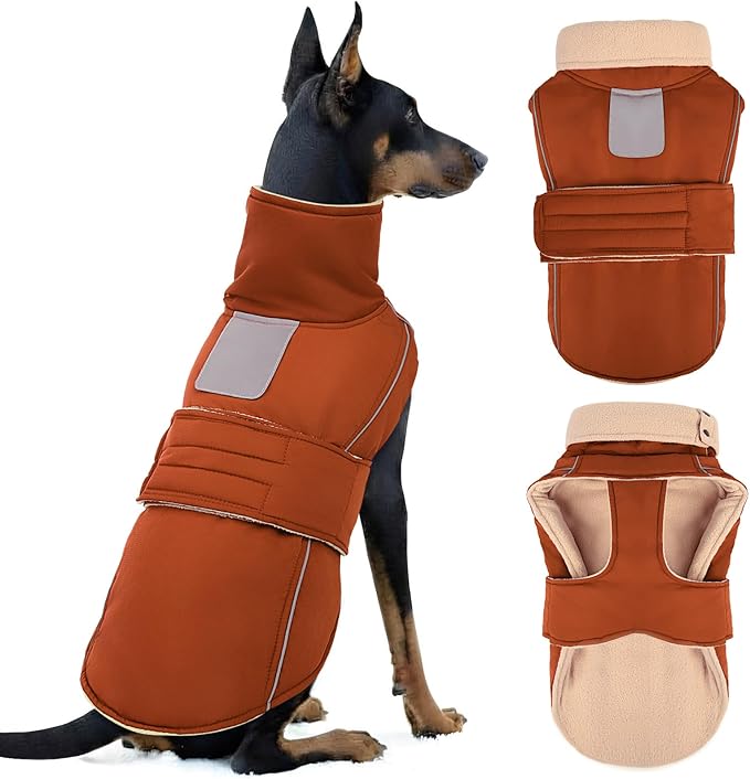 ASENKU Warm Dog Coat, Waterproof Dog Jackets for Medium Dogs with Reflective Fleece Vest Turtleneck with Button, Windproof Cold Weather Coats for Small Medium Large Dogs, Red Brown, M