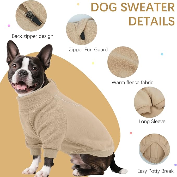 BRKURLEG Dog Sweater, Turtleneck Thick Dogs Sweatshirts Fleece Sweater, Dog Winter Coat for Small Medium Large Dogs, Pet Warm Sweaters with Zipper, Pullover Jacket with Sleeve (Light Coffee, M)