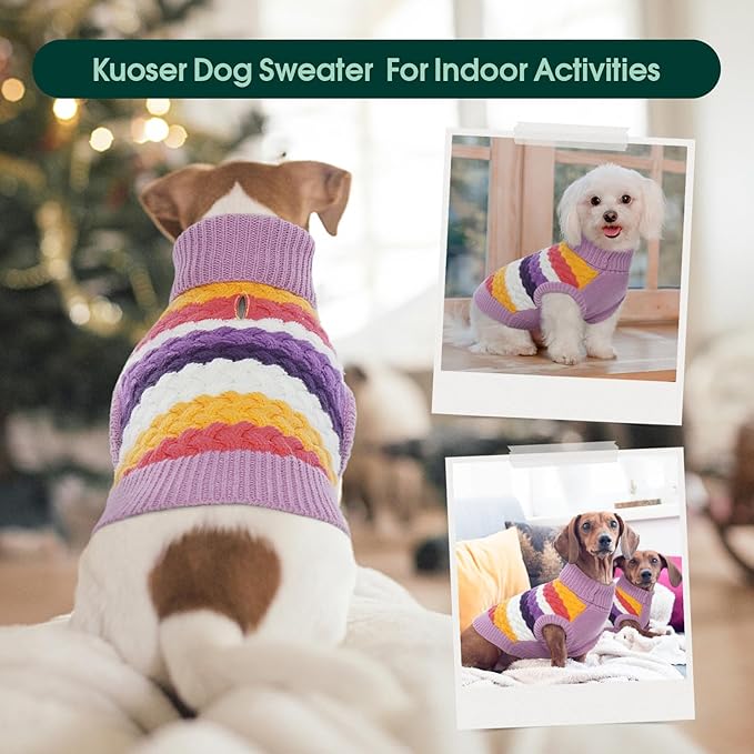 Kuoser Dog Sweater, Warm Dog Sweaters for Small Dogs Pet Christmas Clothing, Classic Cable Knitwear Cold Weather Thermal Pullover for Pug Dachshund Yorkie, Soft Puppy Turtleneck Sweatshirt, Purple S