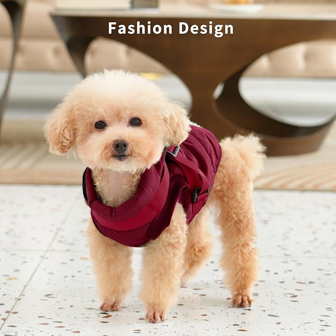 Dog Jacket with Harness,Fleece Lined Warm Puppy Coat for Winter,Soft Windproof Small Dog Vest,Red S