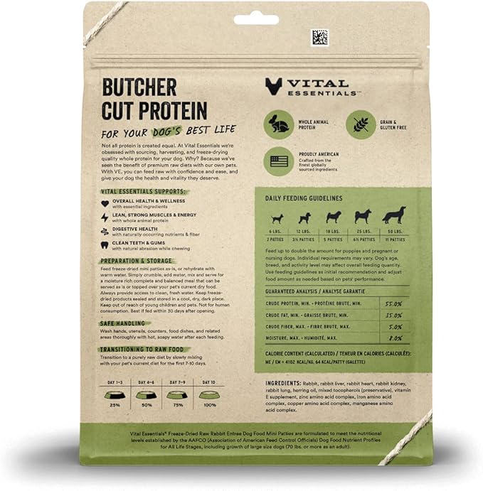 Vital Essentials Freeze Dried Raw Dog Food, Rabbit Mini Patties Entree, 14 oz